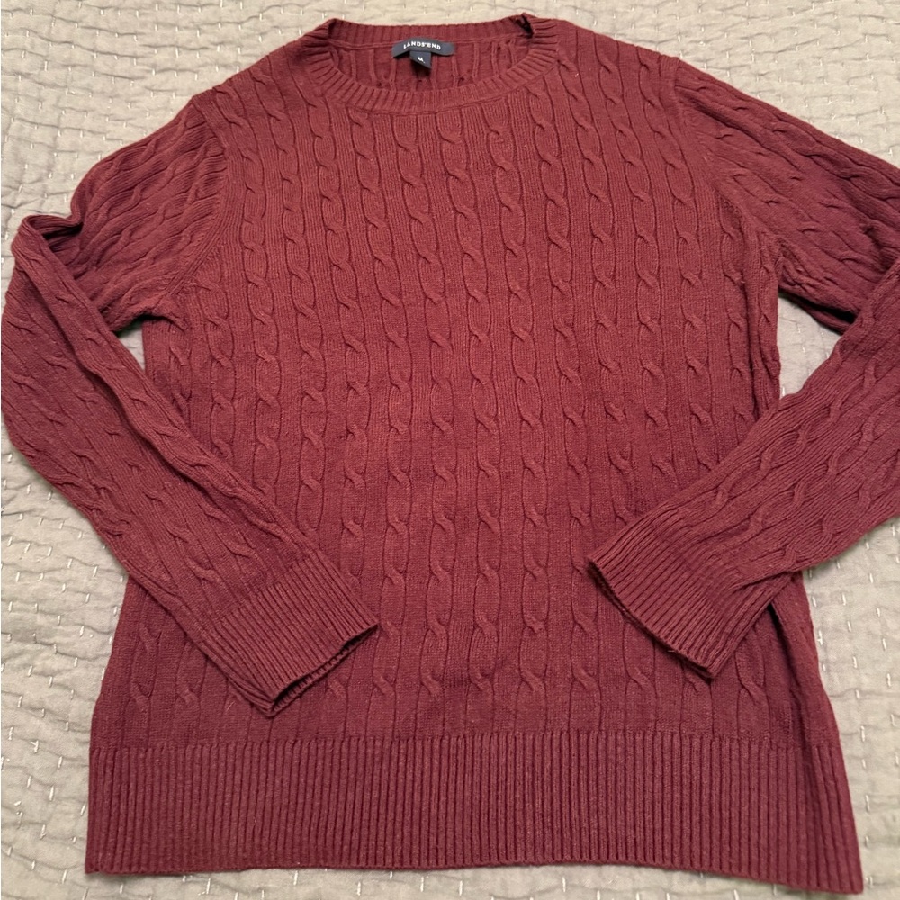 Lands End Wool Burgundy Cableknit Sweater - Size Medium
